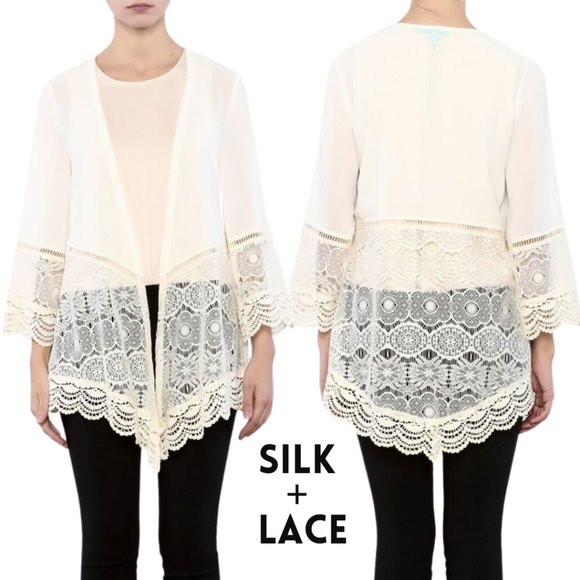 She and Sky Sweaters - She + Sky Guipure Lace Trim Kimono | Silk Boho